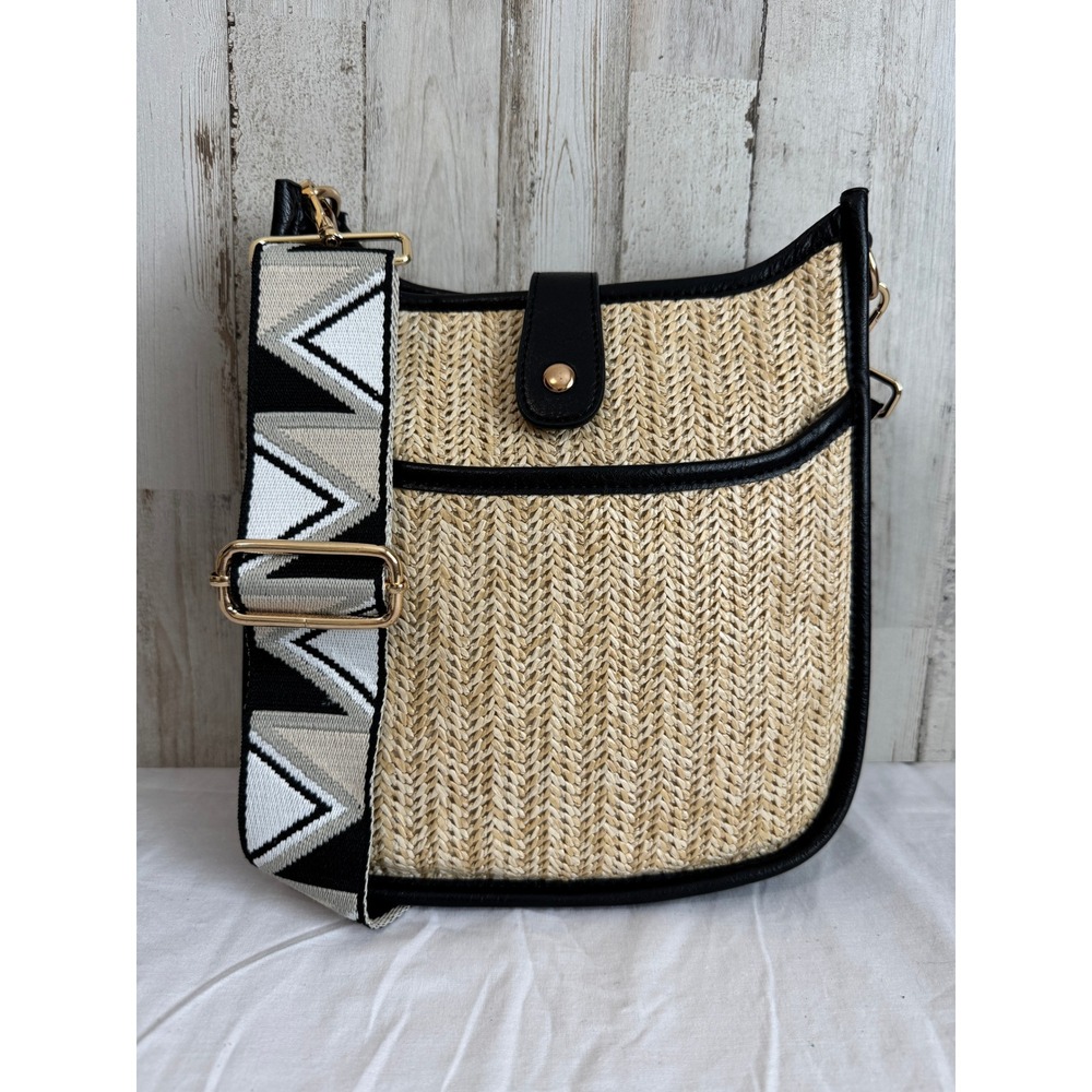 Ahdorned Small Tan Wicker Crossbody Handbag Black Trim Adjustable Guitar Strap